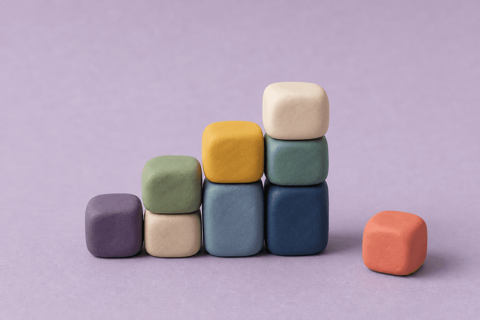 Clay-style illustration of rounded building blocks forming small steps on a lavender surface