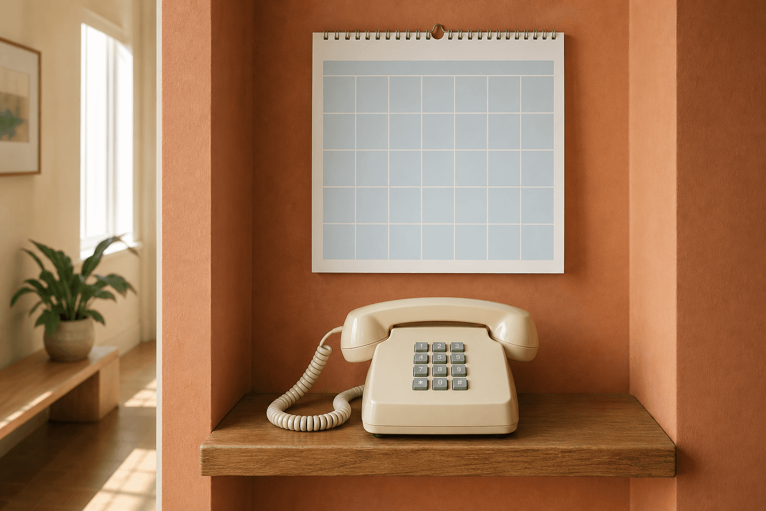 Cream telephone on an oak hallway shelf beneath a wall calendar with blank pale-blue squares.