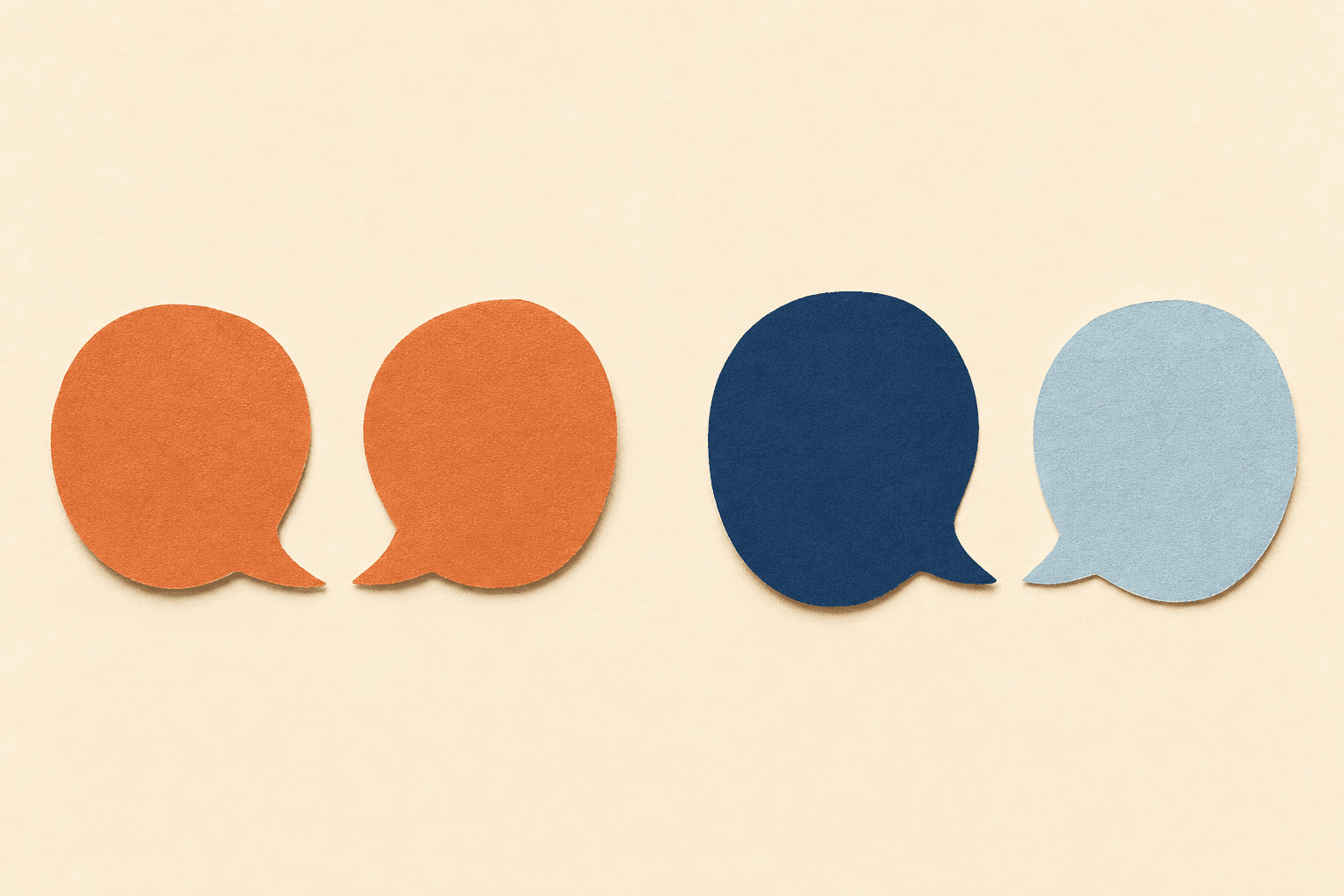 Cut-paper illustration of two contrasting pairs of speech-bubble shapes on a cream background