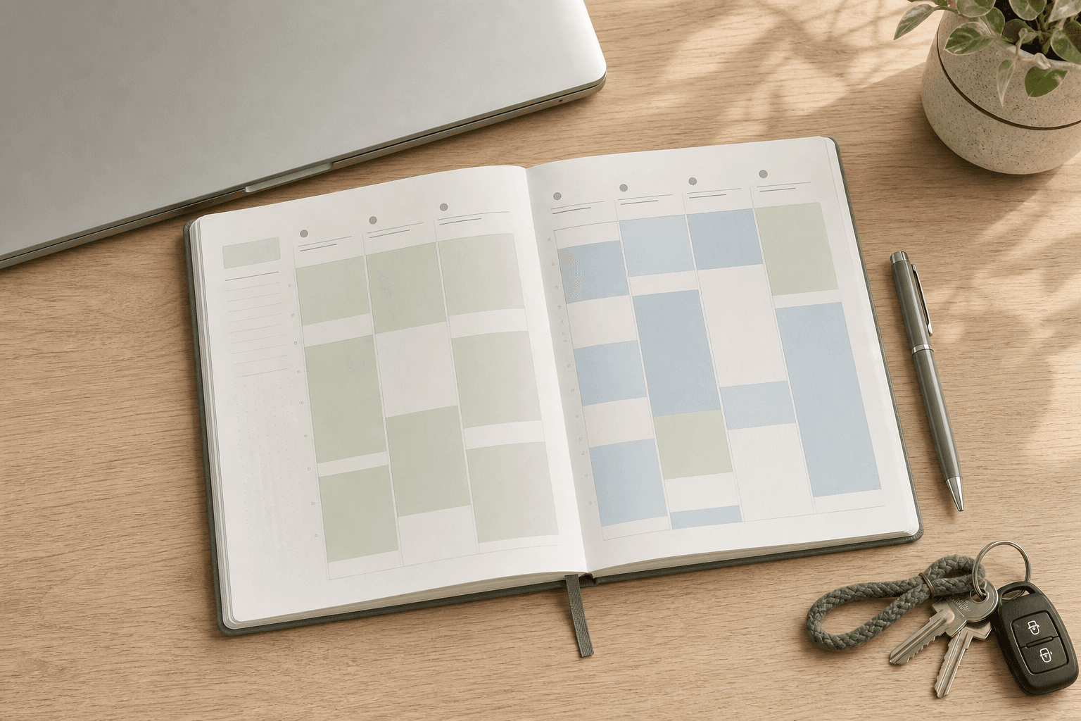 Open planner with blank pastel blocks beside a closed laptop, pen and keys on a light oak desk.