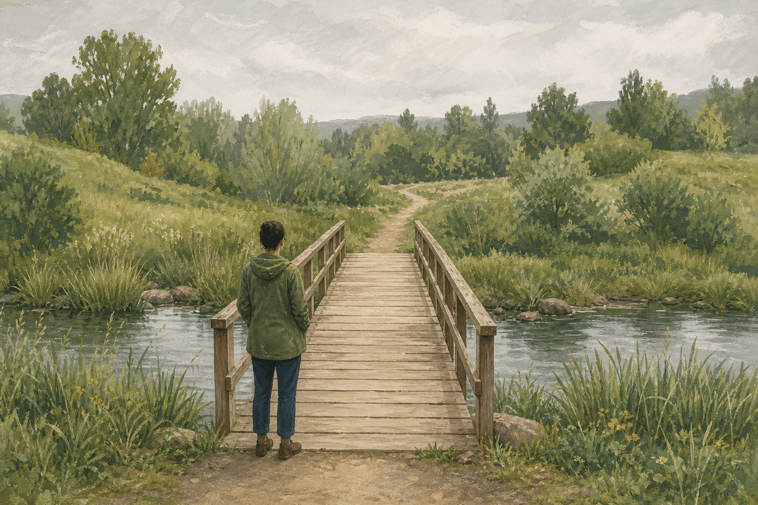 Gouache illustration of an adult standing at the near end of a small wooden footbridge over a stream