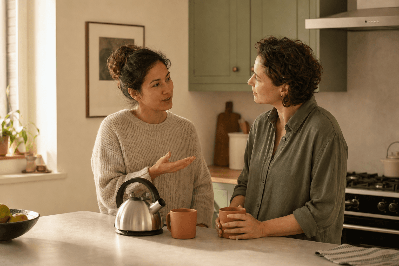 Two adults talking beside a kettle and terracotta mugs in a softly lit kitchen with sage cabinets.