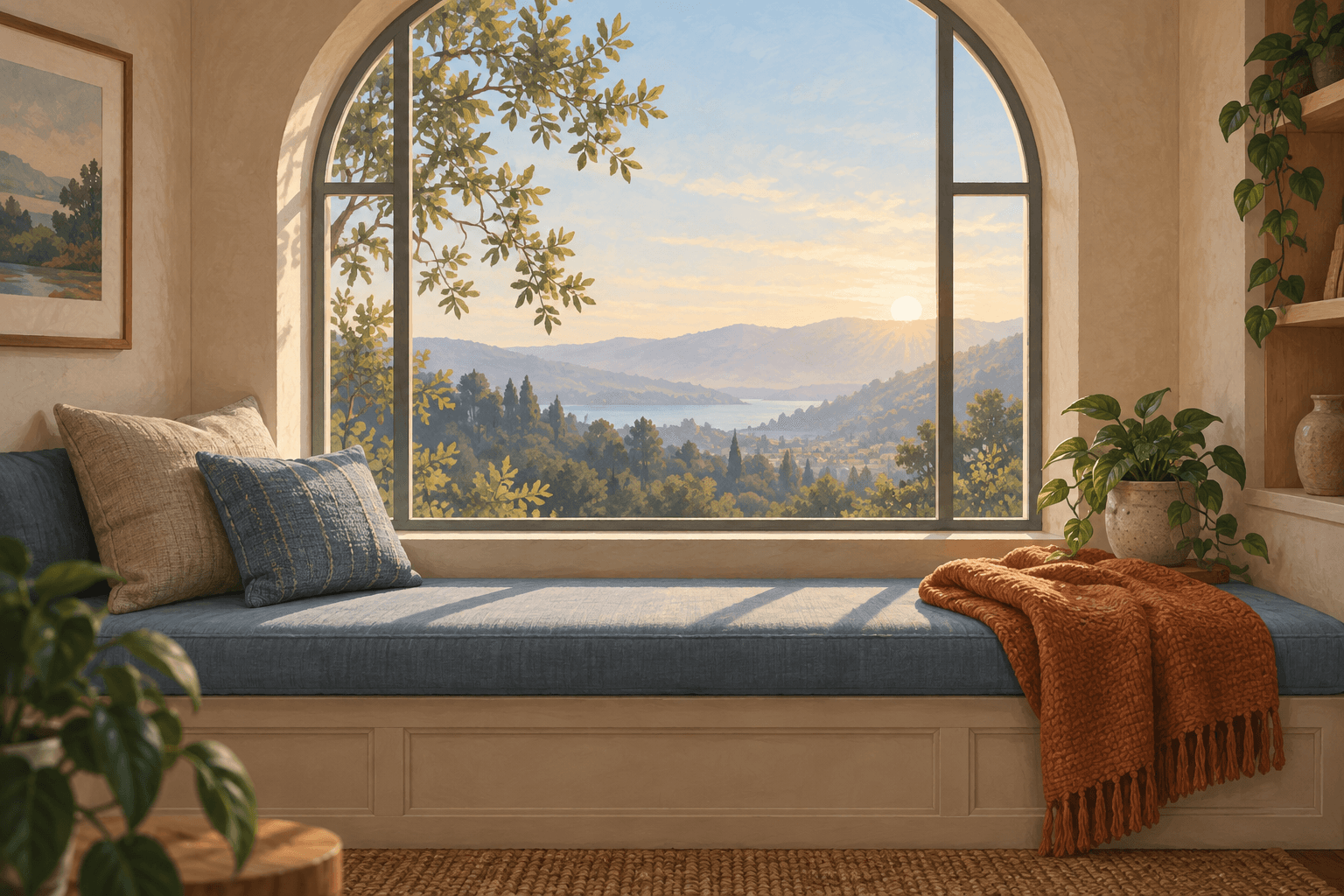 Illustration of a blue window seat, a folded warm-colored blanket and plants in soft daylight
