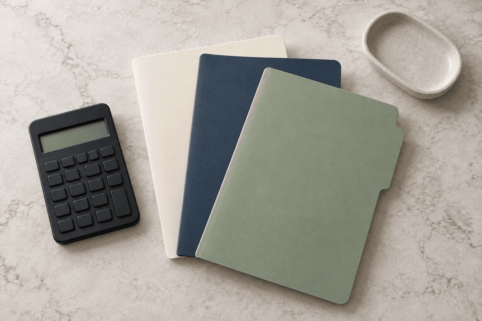 Illustration of a blank-display calculator beside closed folders on a pale surface