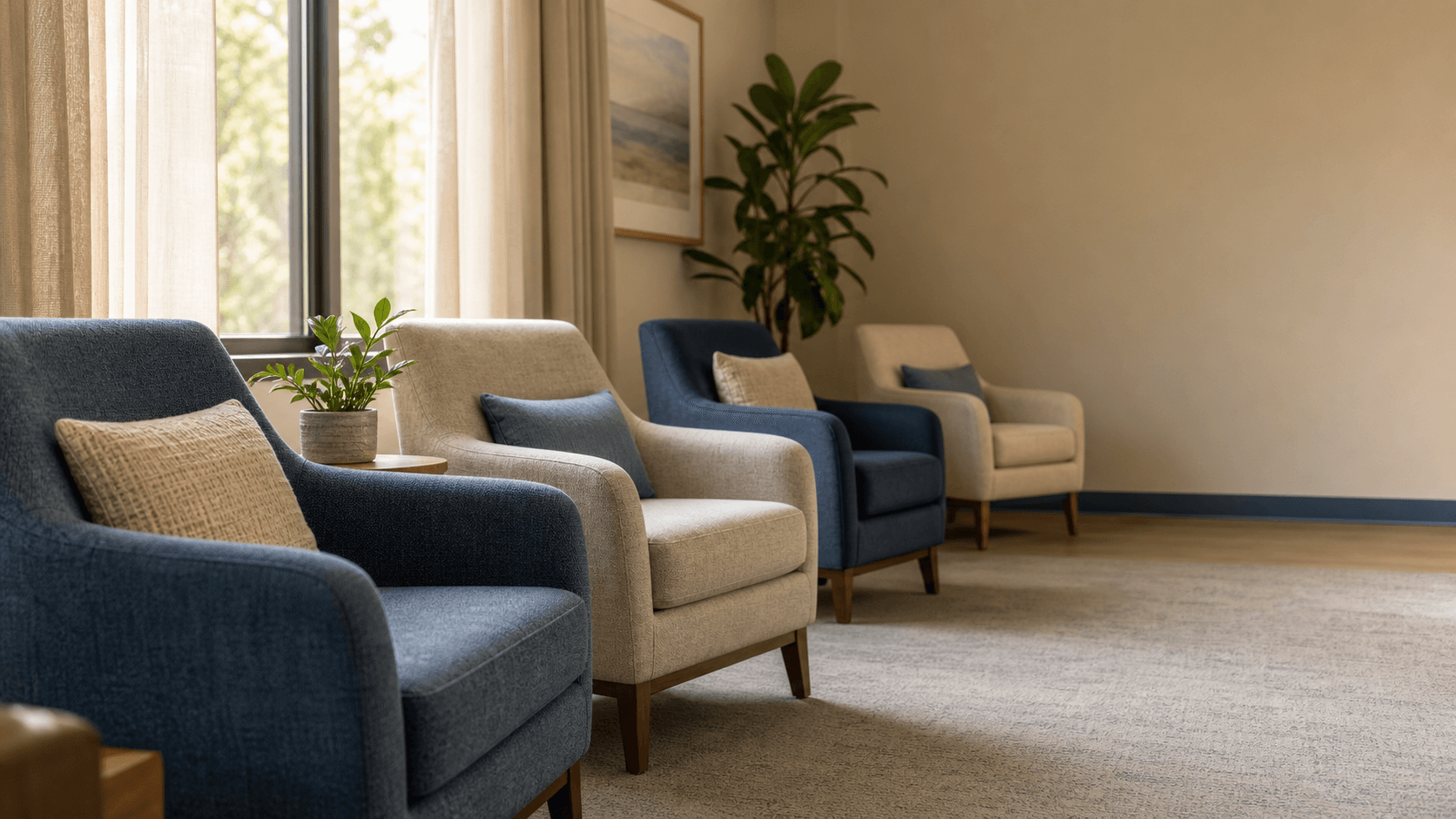 AI-generated illustration of four empty upholstered chairs beside a sunlit window
