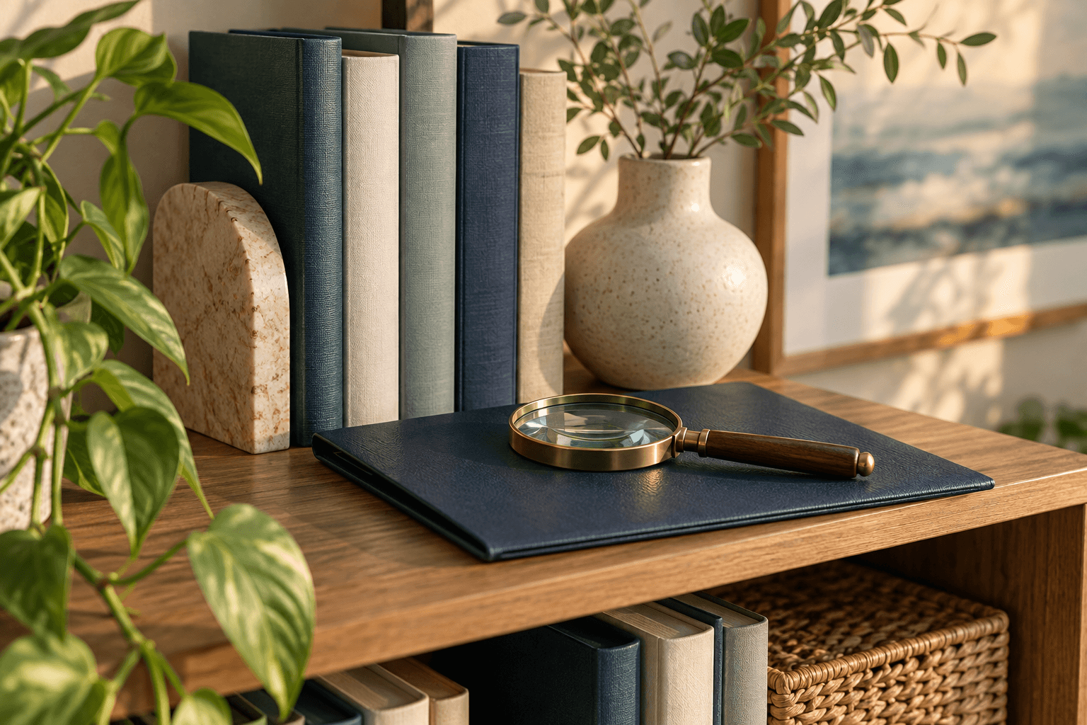 Illustration of unmarked books and a magnifying glass resting on a navy folder