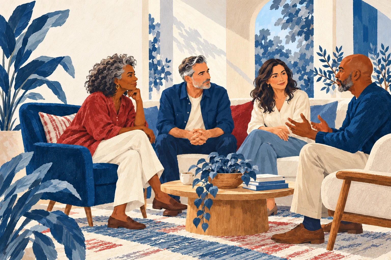 Illustration of four adults talking together in a bright, comfortable room.